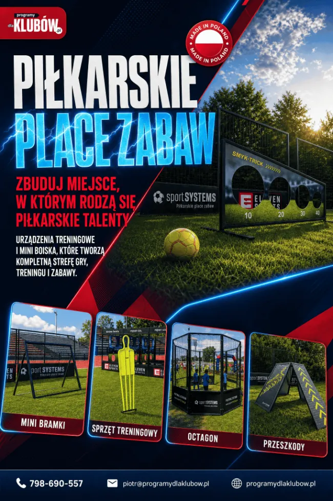 Piłkarskie place zabaw: mini bramki, sprzęt treningowy, octagon i przeszkody na boisku